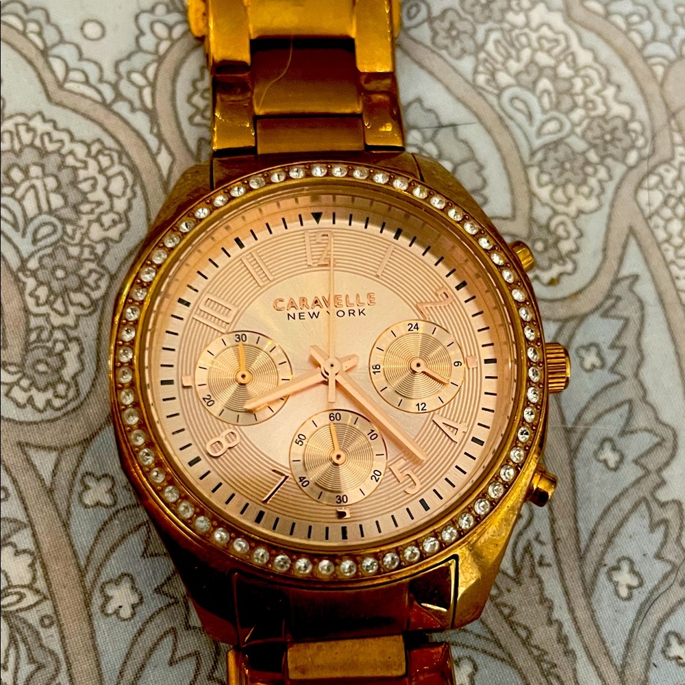 Caravelle New York Gold tone Chronograph Watch with Textured Bezel size 5